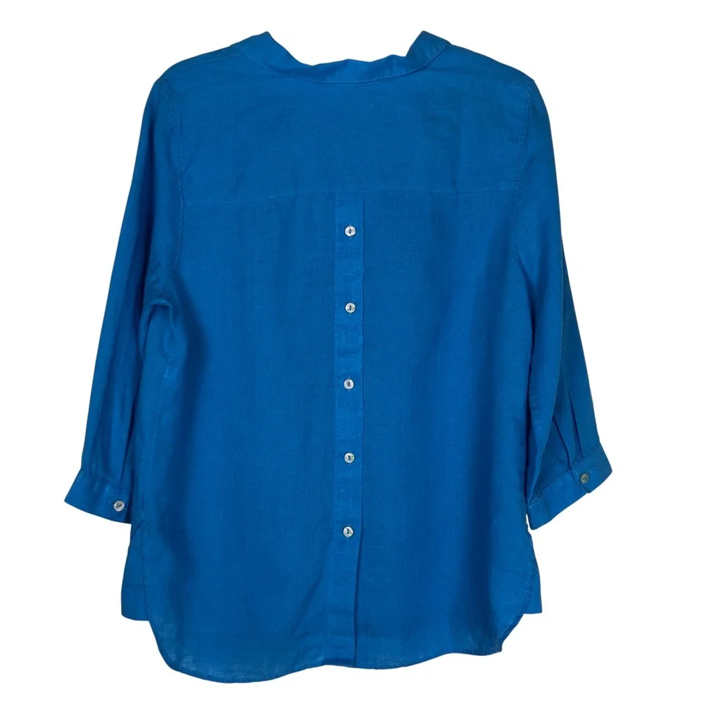Chico's Womens 100% Linen Button Back‎ Popover Top Size 8 Blue Vacation Resort